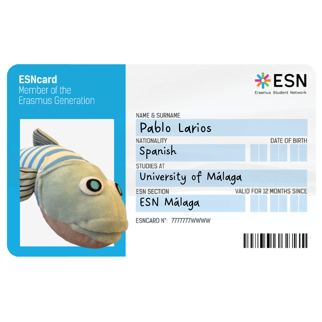 ESNCard de la mascota de ESN Málaga con sus datos.